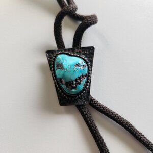 Vintage signed "LAD 1975" Navajo Bolo Tie Sterling & Pilot Mountain Turquoise